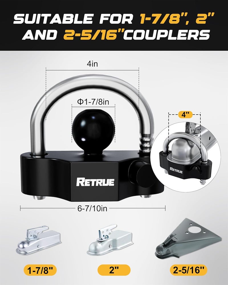 RETRUE Keyed Alike Heavy Duty Coupler Lock Set Trailer Lock Kit Include Universal Coupler Lock & Trailer Tongue Coupler Lock All Black Set - Image 4